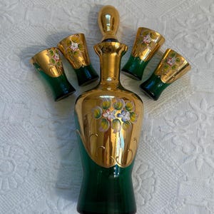 Vintage Murano Glass Decanter Set: Tre Fuochi Hand-Painted Emerald Green