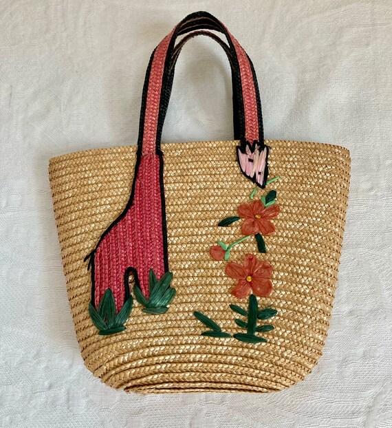 child's straw bag . 60s straw bag . giraffe straw… - image 1