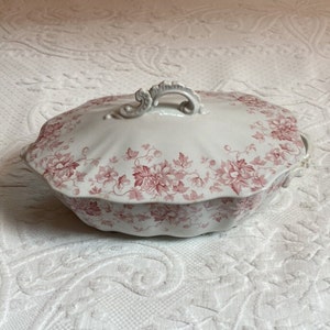 Pink Transferware Terrine: Vintage Lidded Ironstone Dish, Edgevale England
