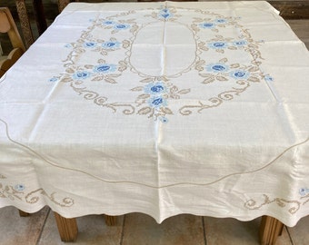 embroidered linen Tablecloth . embroidered tablecloth . cross stitch embroidery . linen tablecloth . hand made . Art Deco tablecloth