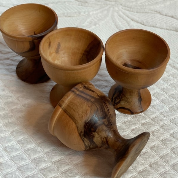 wood egg cups . olive tree wood egg cups . wooden egg cups . 4 egg cups . lot of 4