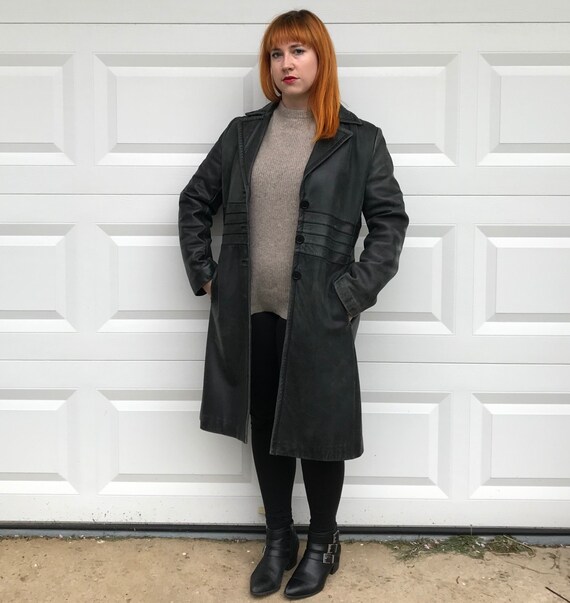 leather coat . dark green leather coat . Nine West