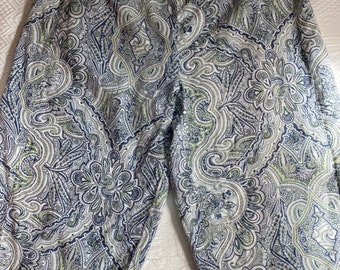 FLAX .  Flax pants . paisley linen pants . wide legged linen pants . size L . linen capri pants