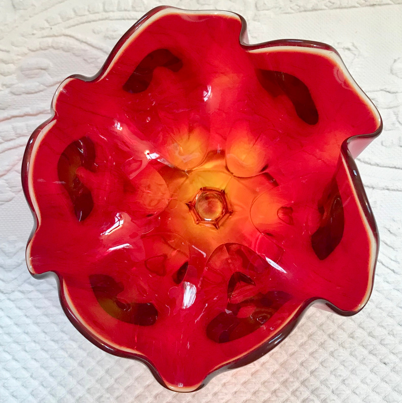 Midcentury Footed Glass Bowl . Fluted Glass Bowl . Amberina . Etsy