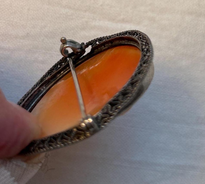 May include: A silver cameo brooch with an orange cameo set in a filigree frame. The brooch has a pin and catch closure.