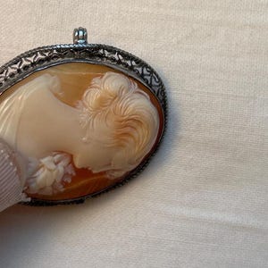 May include: A cameo pendant featuring a carved profile of a woman's face, set in a silver filigree frame.