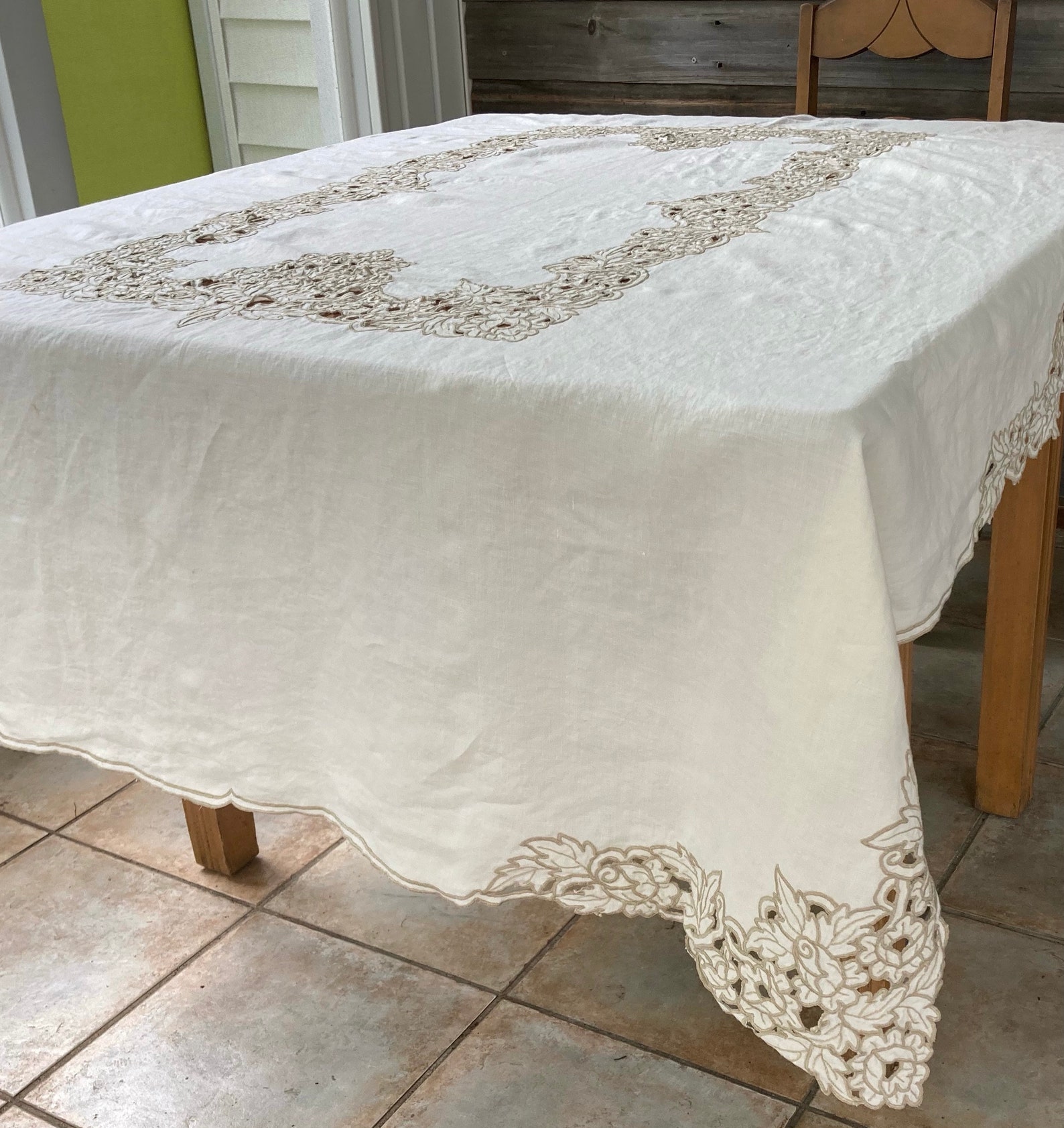 Victorian linen tablecloth . embroidered tablecloth . cut out Etsy