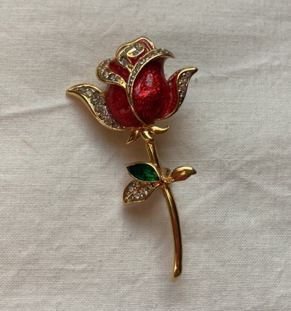 vintage enamel red rose brooch . rose brooch - image 1