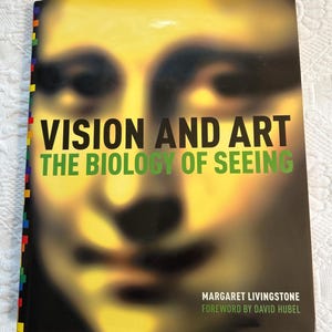 May include: A hardcover book titled "Vision and Art: The Biology of Seeing" with a blurred image of a face on the cover. The title is in large black letters, with the subtitle in green. The book's spine has a colorful, vertical stripe.