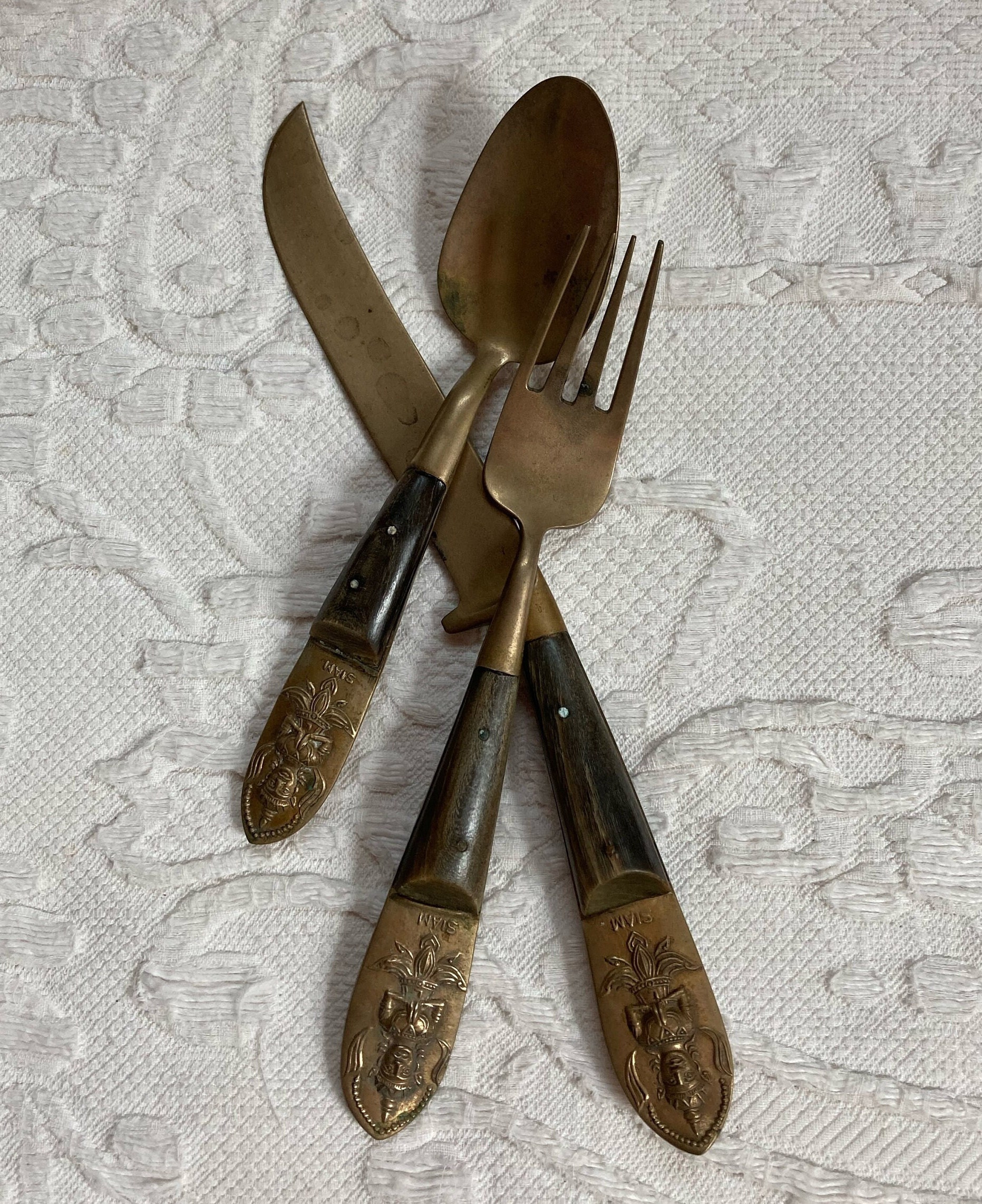 Vintage Siam Brass & Wood Flatware Set: Exotic Buddha Spoon, Fork