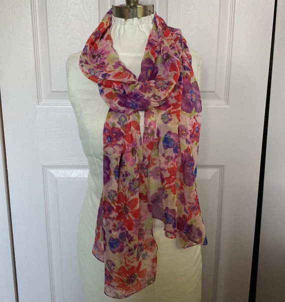 long floral scarf . floral shawl . polyester scarf - image 1