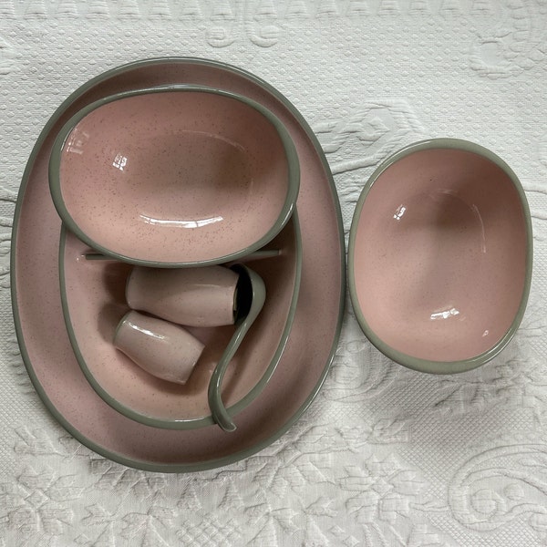 Harkerware . 7 pieces . Harker Stone China Speckled SHELL PINK & Gray Dinnerware ca. 1950s