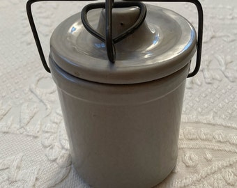 stoneware crock . natural stoneware crock with metal clasp . Crock . crock with lid . ironstone . jar . German stoneware