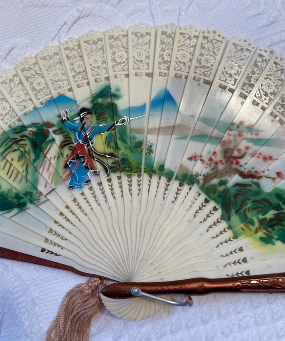 vintage  hand fan . celluloid fan . hand painted .