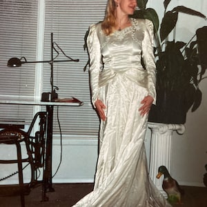 40s Satin Wedding Gown: Hollywood Glam Long Sleeve Bridal Dress
