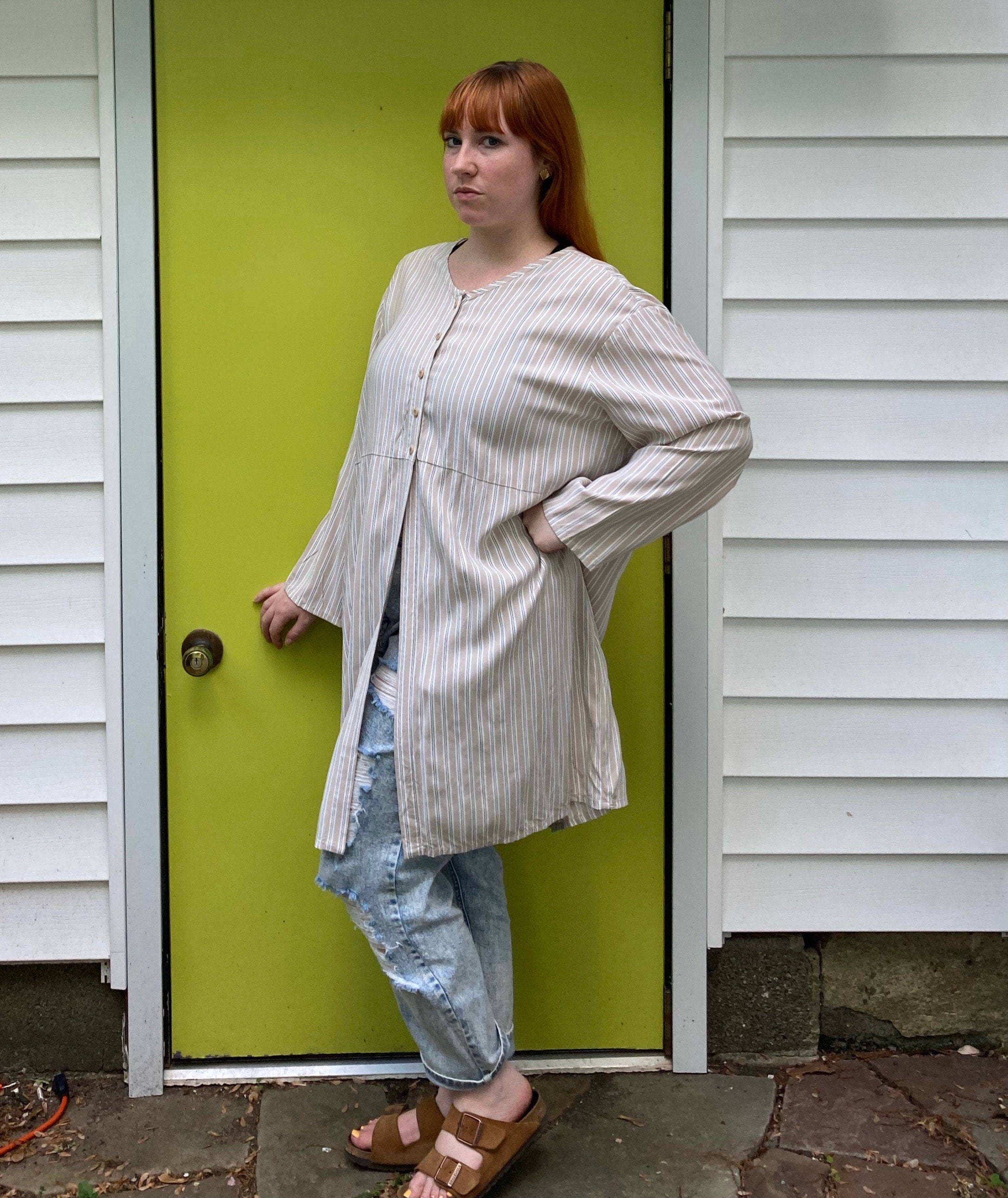 Linen Pant Set FLAX by Jeanne Engelhart White Blue Stripe Check