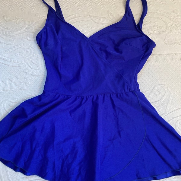 vintage bathing suit . 80s maillot . blue bathing suit with skirt . swimwear