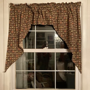 retro swag curtains . swag curtains . brown floral swag curtains . barkcloth valance with jabot sides . country curtains . set of 2