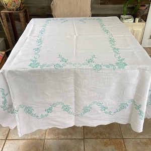 linen dinner cloth . embroidered tablecloth . green cross stitch linen tablecloth . shabby chic