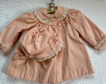 pink baby coat . 50s baby coat and bonnet . corduroy baby coat . french baby coat . wedding baby coat