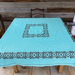 Mid Century Modern Embroidered Tablecloth: Turquoise Woven Rayon (57x57)