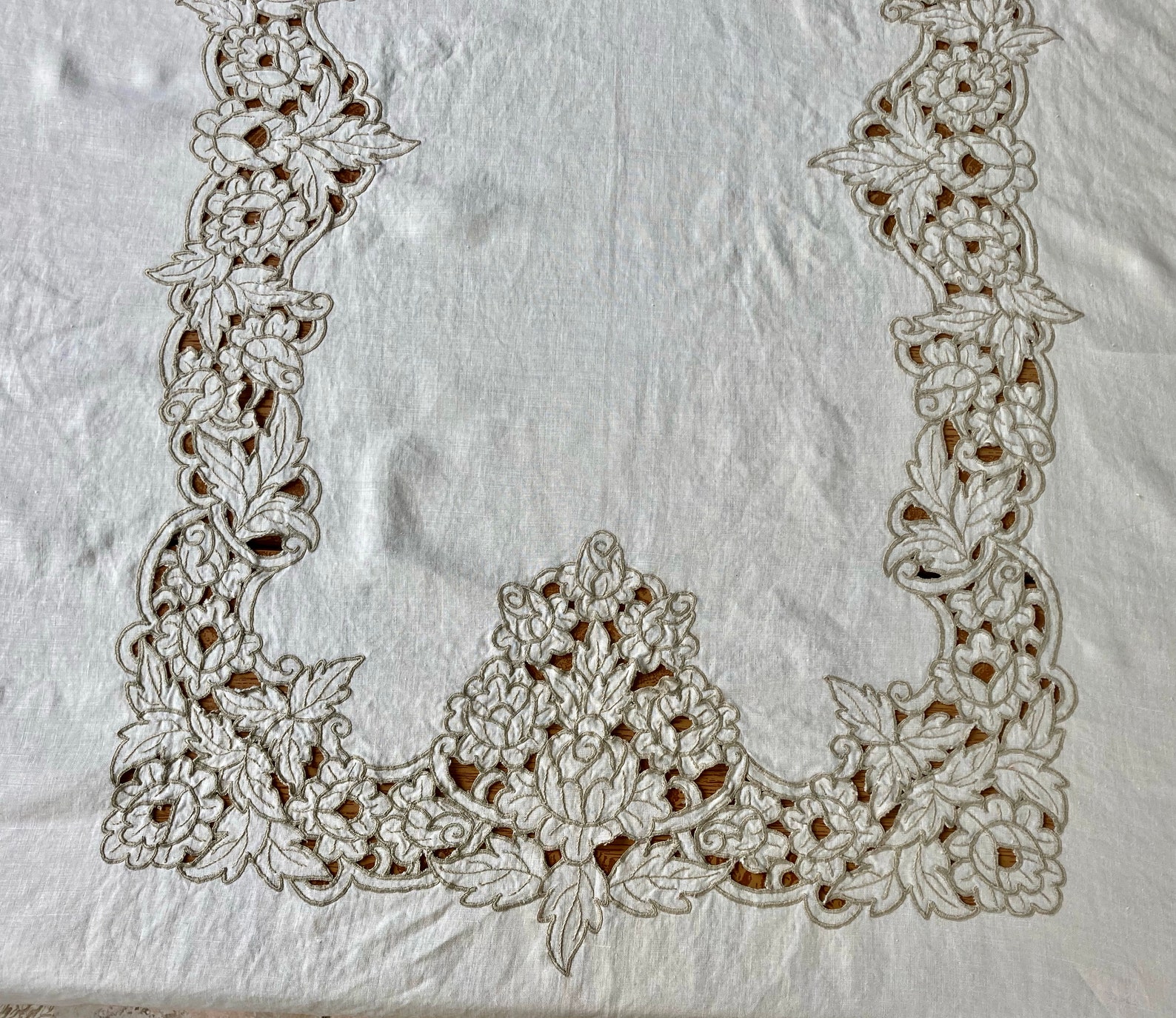 Victorian linen tablecloth . embroidered tablecloth . cut out Etsy