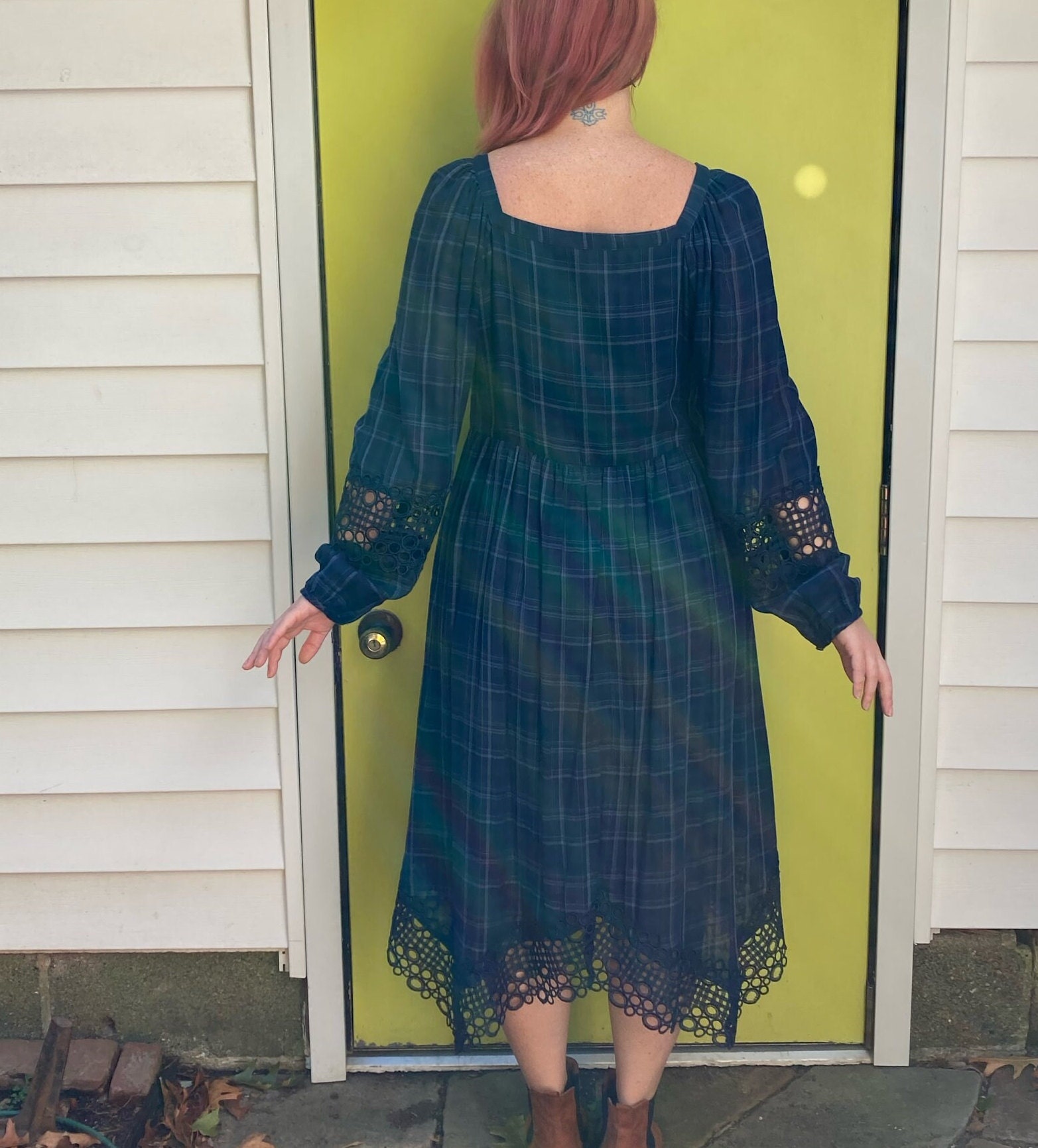 Vintage Anthropologie Blue Plaid Cotton Dress: Lace Kerchief Hem