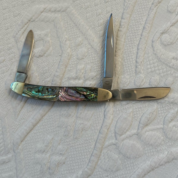 vintage pocket knife . Frost abalone knife . 3 blade knife . collectors knife . abalone knife