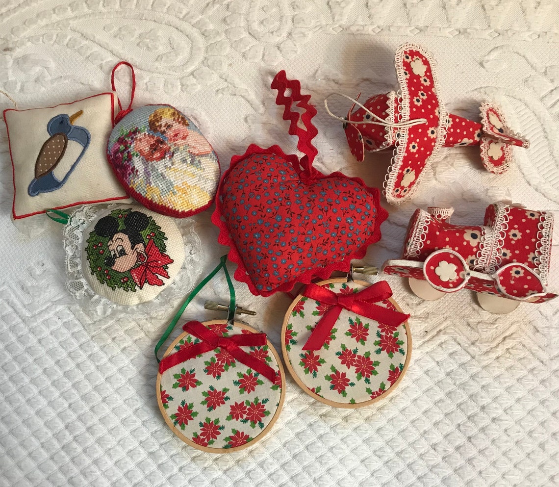 8 textile ornaments . embroidered ornaments . petit point . Etsy