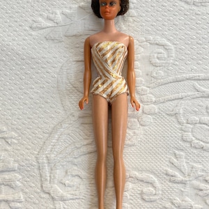 1962 Brunette Bubble Cut Barbie - Gold Striped Swimsuit - Vintage Mattel Doll