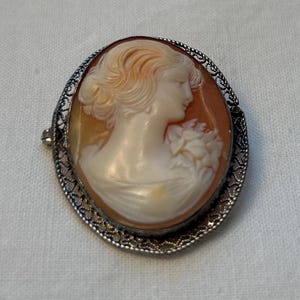 May include: A cameo brooch featuring a carved portrait of a woman with a floral design, set in a silver filigree frame.