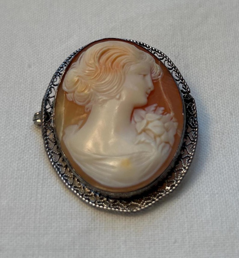 May include: A cameo brooch featuring a carved portrait of a woman with a floral design, set in a silver filigree frame.