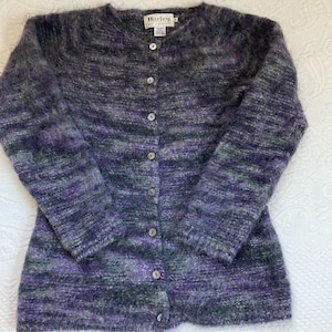 Suéter de punto escocés. Cárdigan jaspeado. Cárdigan de lana/mohair. Harley of Scotland. Hecho en Escocia.