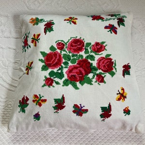 cross stitched roses pillowcase . hand embroidered throw pillow . made in ukraine . folk embroidery .  Eastern european folk art
