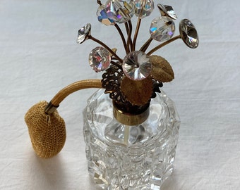 Vintage Irice Kristall Parfüm Flasche: Strass Blumen Topper, West Germany