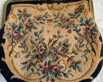 アンティークオーストリアのプチポワン刺繍イブニングクラッチバッグ