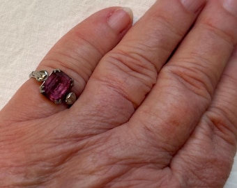 Vintage 50s Sterling Silver Ring: Pink CZ Faceted Stone, Size 5.5