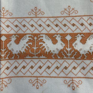 Puede incluir: Tela blanca con un patr&oacute;n repetitivo de costuras bordadas de color naranja. El patr&oacute;n incluye una serie de formas de diamante, peque&ntilde;os motivos florales y dise&ntilde;os m&aacute;s grandes y complejos.