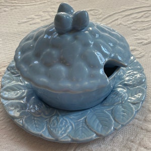 Vintage Genevieve Majolica Strawberry Dish: Baby Blue Lidded Sugar Bowl