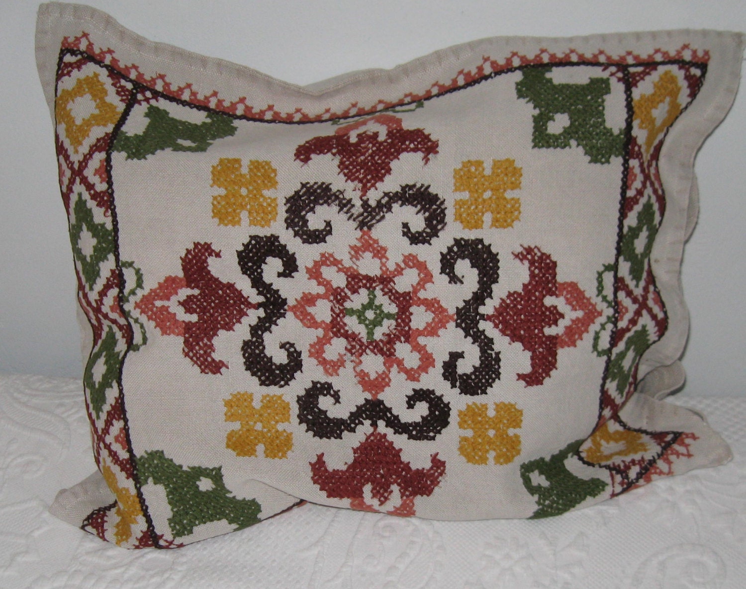 Cross Stitch Pillow Homespun Linen Pillow Case Embroidered Etsy