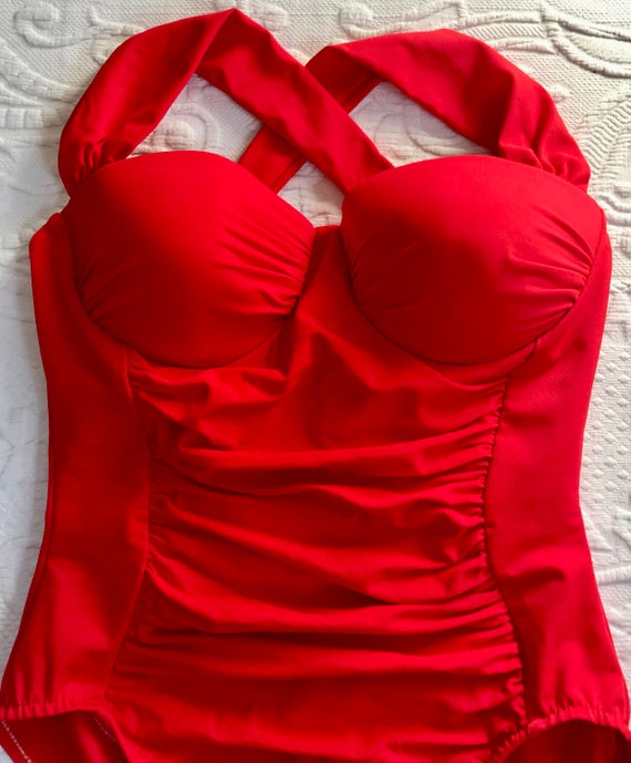 vintage bathing suit . red maillot . pin up girls