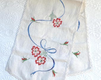 Vintage German Linen Table Runner: Floral Embroidery, Handmade Lace