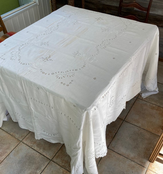 Embroidered White Tablecloth . White Tablecloth White on White Etsy