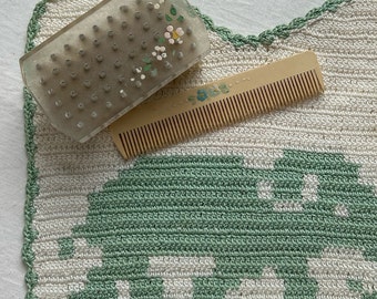 vintage baby . hand crochet bib . baby brush and comb . 50s baby paraphernalia