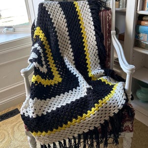 Retro 70s Crochet Afghan: Handmade Colorblock Fringed Blanket