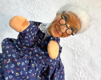 vintage hand carved wood grandma hand puppet
