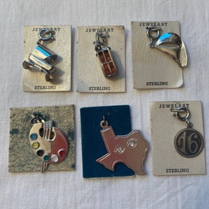 Vintage Sterling Silver Charm Set: Cradle, Palette, Sailboat, Sweet 16 (NOS)