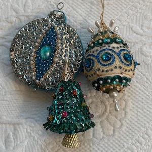 60s sequin ornament . turquoise blue . evil eye ornament. egg ornament . tree ornament . lot of 3