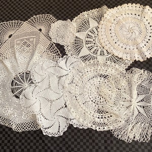 Vintage Hand Crochet Doily Lot: 8 Round White Cotton Doilies