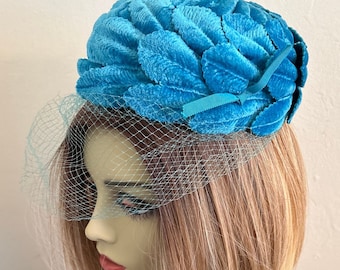 Vintage 50s Turquoise Velvet Pillbox Hat with Veil - Miss Sally Victor